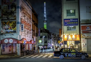 도쿄 스카이트리와 킨시쵸(錦糸町) 거리의 풍경